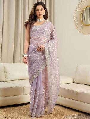 Lavender embellished embroidered net heavy work saree 1