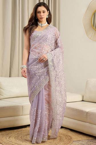 Lavender embellished embroidered net heavy work saree