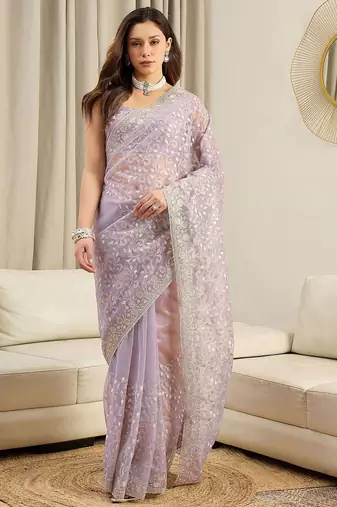 Lavender embellished embroidered net heavy work saree