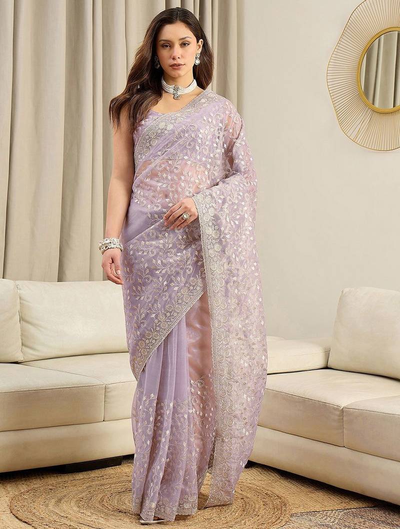 Lavender embellished embroidered net heavy work saree
