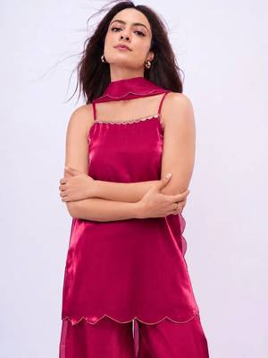 libas pink solid tissue palazzo suit set 2