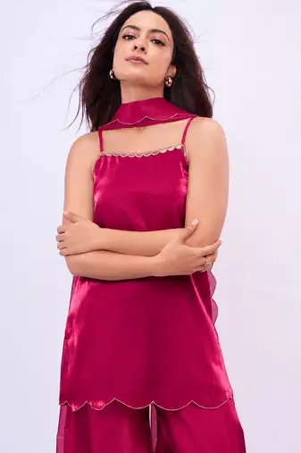 libas pink solid tissue palazzo suit set