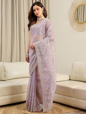 Lavender embellished embroidered net heavy work saree 2