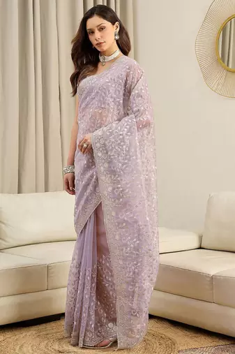 Lavender embellished embroidered net heavy work saree