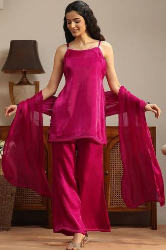 libas pink solid tissue palazzo suit set