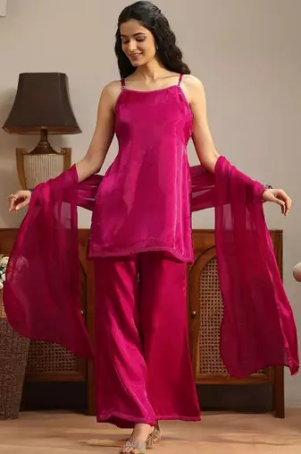 libas pink solid tissue palazzo suit set
