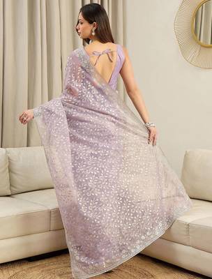 Lavender embellished embroidered net heavy work saree 3