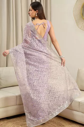 Lavender embellished embroidered net heavy work saree