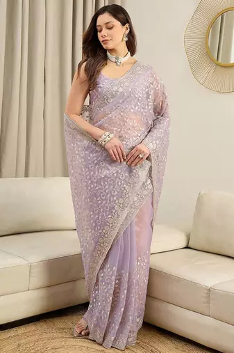Lavender embellished embroidered net heavy work saree