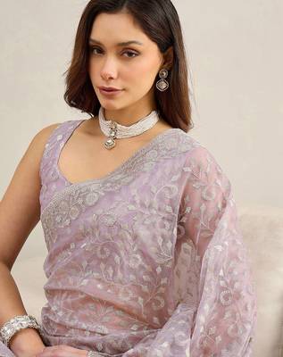 Lavender embellished embroidered net heavy work saree 5