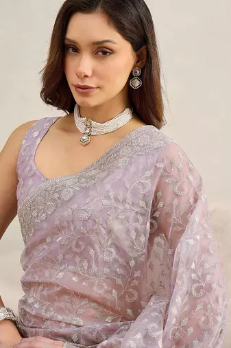 Lavender embellished embroidered net heavy work saree