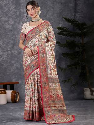 Cream ethnic motifs printed banarasi saree with blouse piece 1