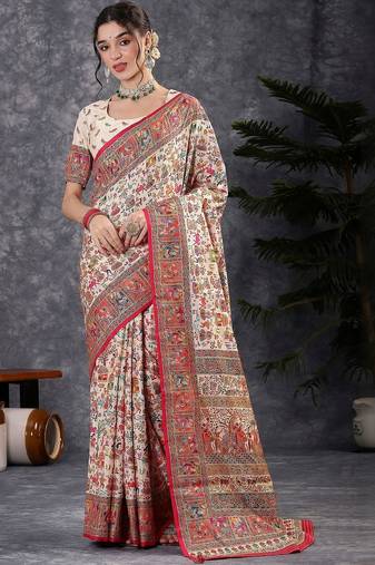 Cream ethnic motifs printed banarasi saree with blouse piece