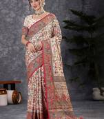 Cream ethnic motifs printed banarasi saree with blouse piece