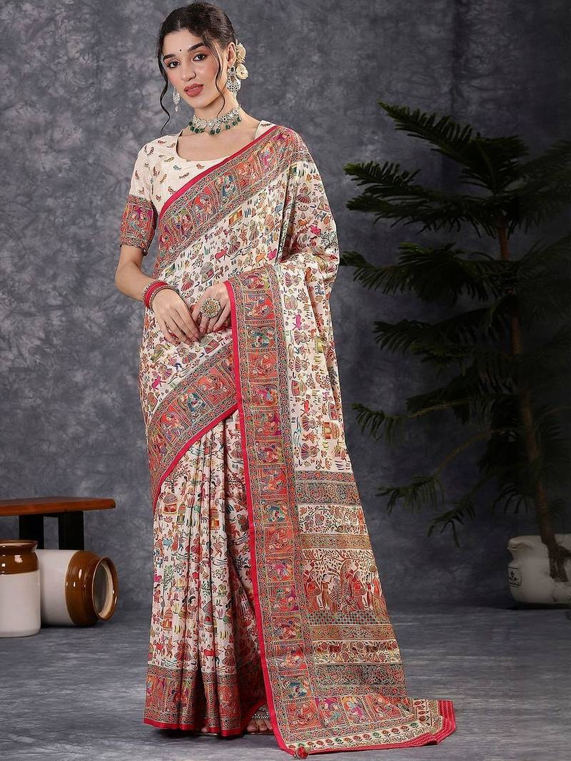 Cream ethnic motifs printed banarasi saree with blouse piece