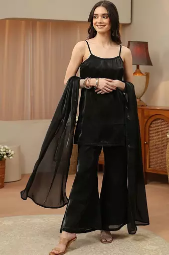 libas black solid tissue palazzo suit set