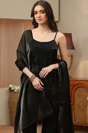 libas black solid tissue palazzo suit set