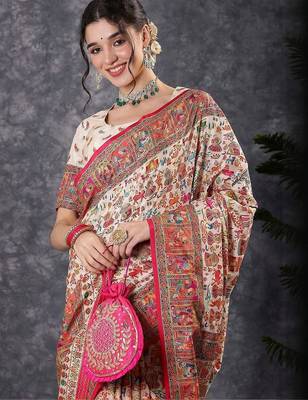 Cream ethnic motifs printed banarasi saree with blouse piece 2