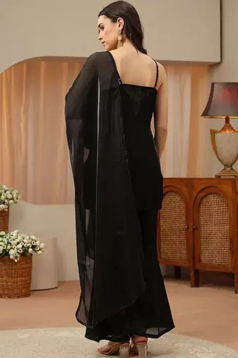 libas black solid tissue palazzo suit set