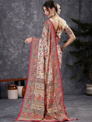 Cream ethnic motifs printed banarasi saree with blouse piece 3