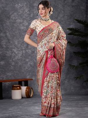 Cream ethnic motifs printed banarasi saree with blouse piece 4