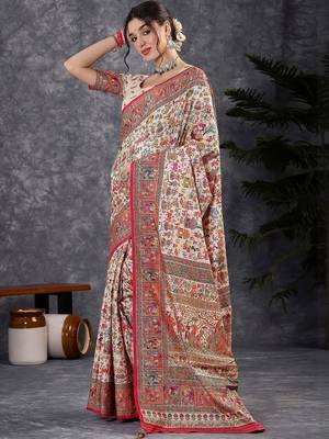 Cream ethnic motifs printed banarasi saree with blouse piece 5