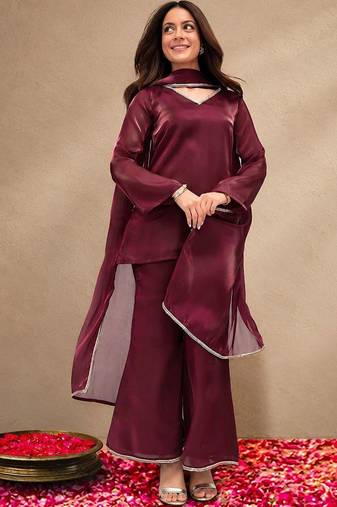 libas maroon solid tissue palazzo suit set