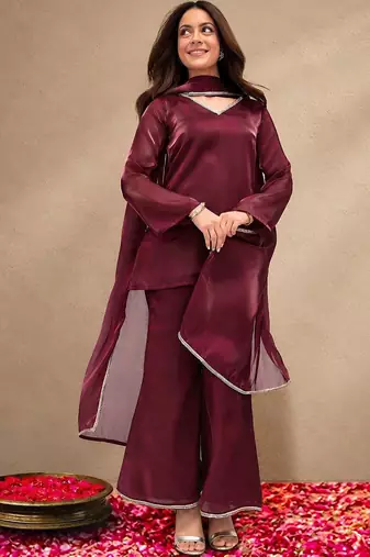 libas maroon solid tissue palazzo suit set