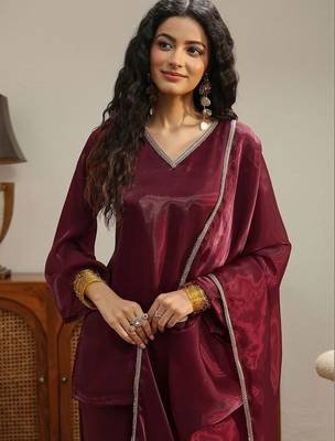 libas maroon solid tissue palazzo suit set 2