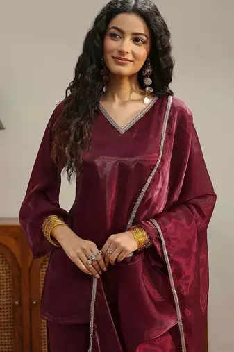 libas maroon solid tissue palazzo suit set