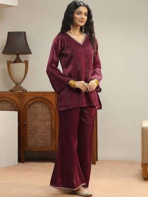 libas maroon solid tissue palazzo suit set 3
