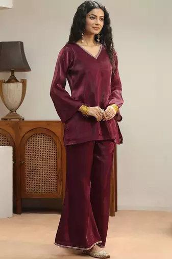 libas maroon solid tissue palazzo suit set