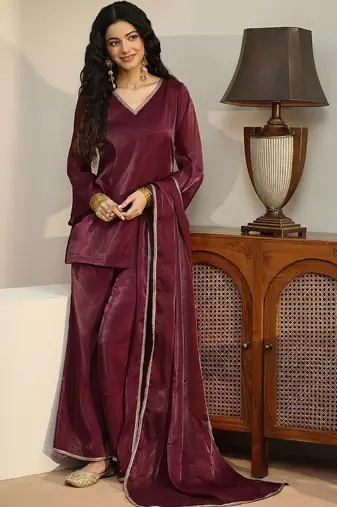 libas maroon solid tissue palazzo suit set
