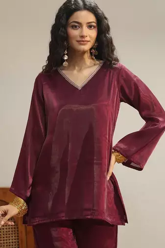 libas maroon solid tissue palazzo suit set