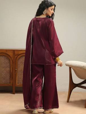 libas maroon solid tissue palazzo suit set 7