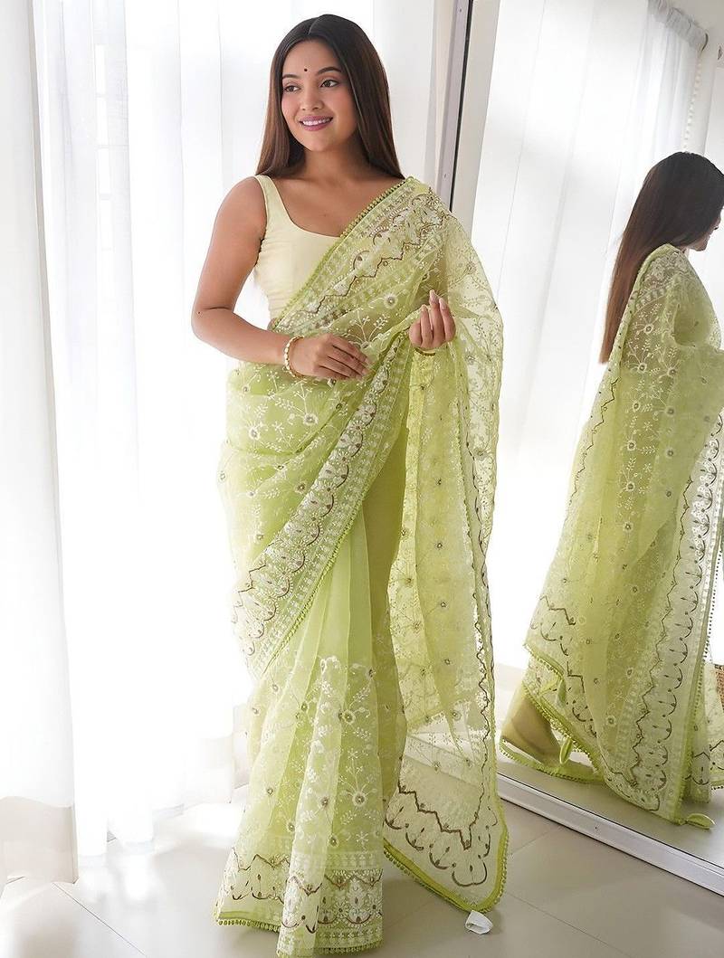 Lime floral embroidered organza saree
