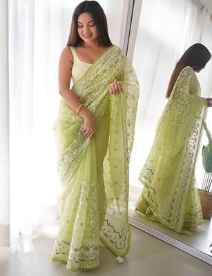 Lime floral embroidered organza saree 2