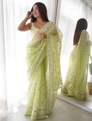 Lime floral embroidered organza saree 3