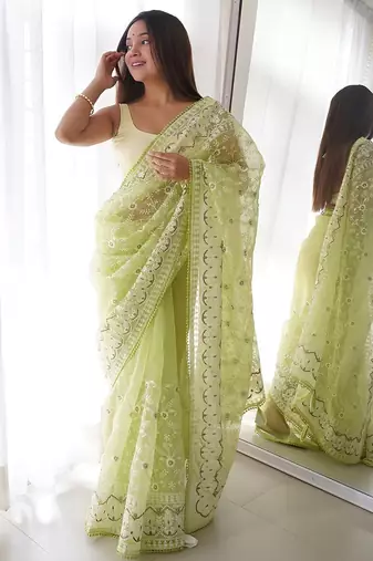 Lime floral embroidered organza saree
