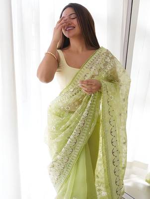 Lime floral embroidered organza saree 4