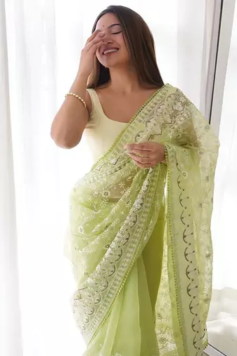 Lime floral embroidered organza saree