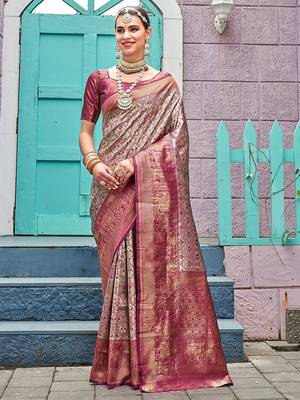 Pink ethnic motifs woven design zari detail kanjeevaram saree 1
