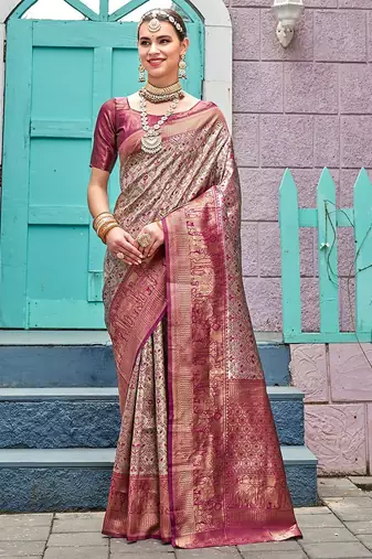 Pink ethnic motifs woven design zari detail kanjeevaram saree