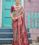 Pink ethnic motifs woven design zari detail kanjeevaram saree