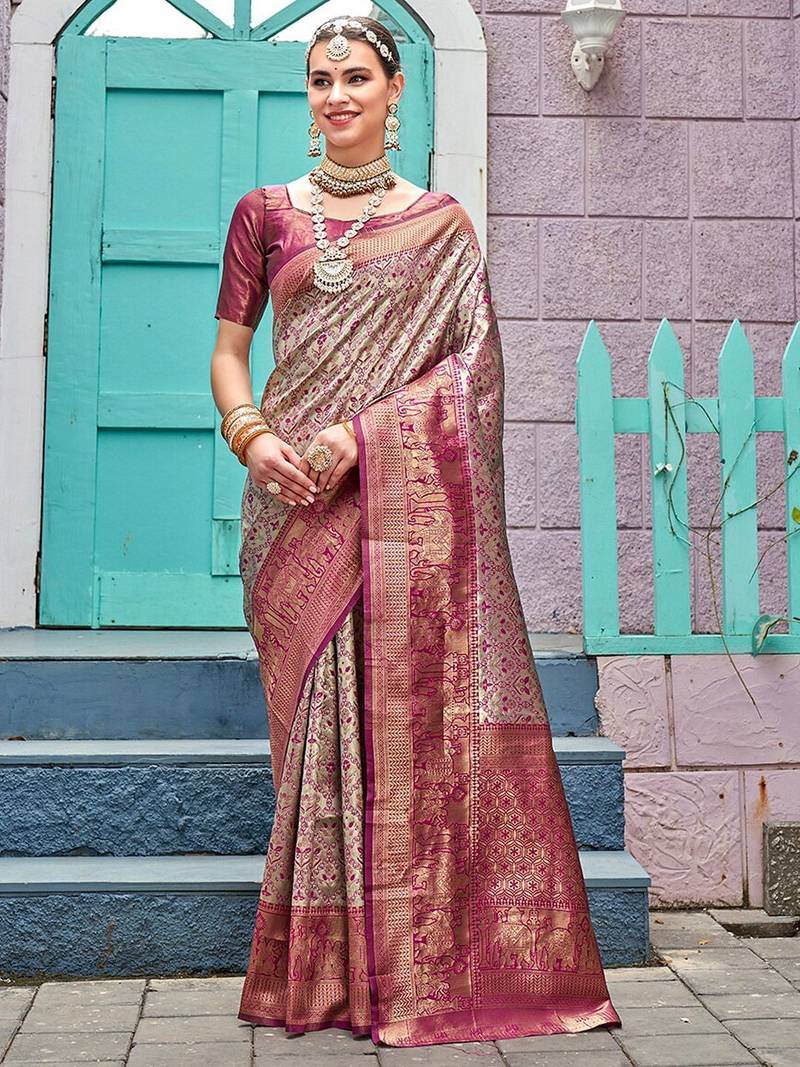 Pink ethnic motifs woven design zari detail kanjeevaram saree