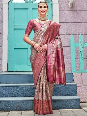 Pink ethnic motifs woven design zari detail kanjeevaram saree 2