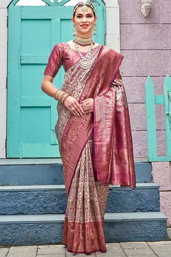 Pink ethnic motifs woven design zari detail kanjeevaram saree