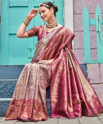 Pink ethnic motifs woven design zari detail kanjeevaram saree 3
