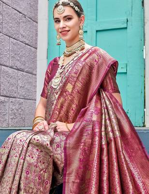 Pink ethnic motifs woven design zari detail kanjeevaram saree 4