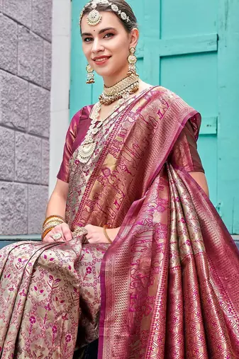 Pink ethnic motifs woven design zari detail kanjeevaram saree